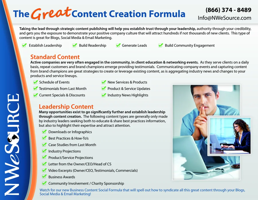 The original 2012 Great Content Creation Formula infographic: standard content and leadership content checklists for establishing leadership, building readership, and generating leads