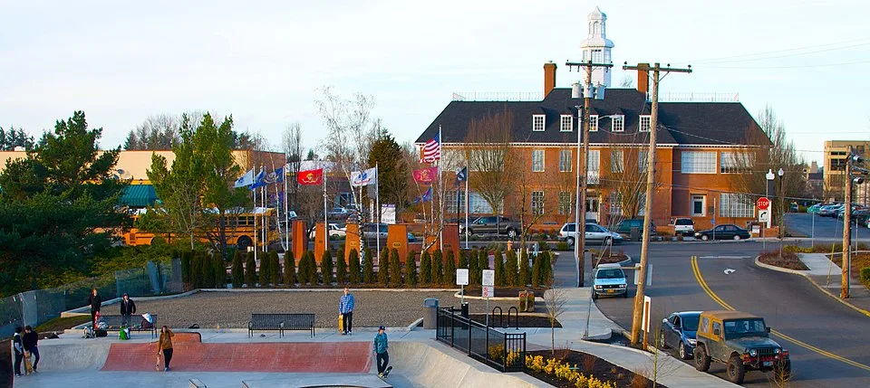 Historic City Hall and the Main City Park plaza in downtown Gresham, Oregon