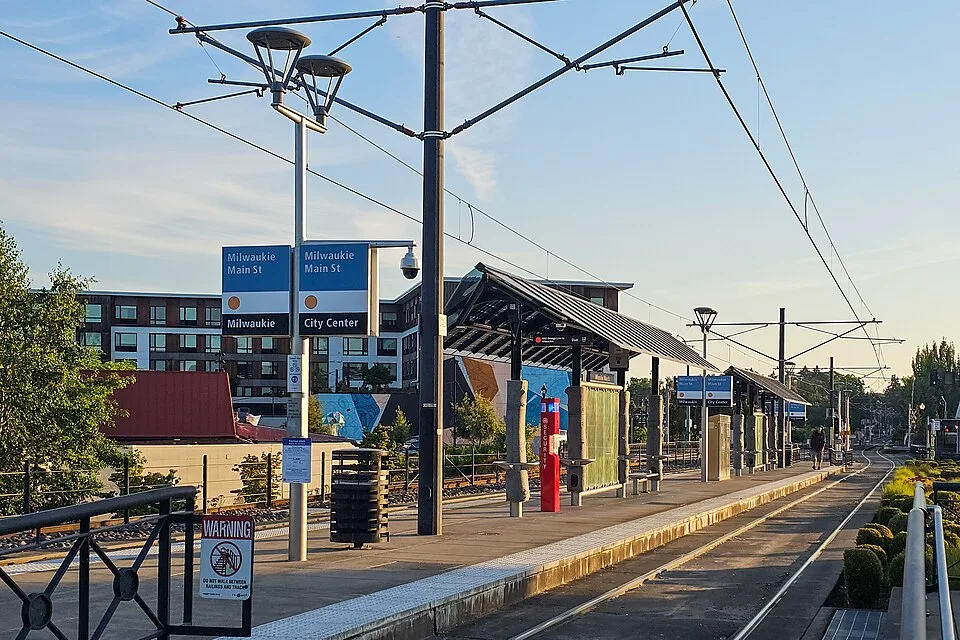 Milwaukie Main St MAX Orange Line station in downtown Milwaukie, Oregon