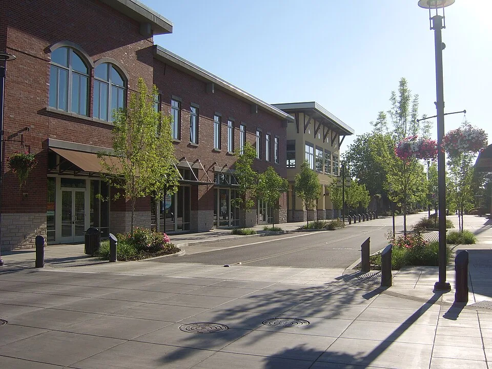 Downtown Washougal, Washington streetscape with brick storefronts and flower baskets